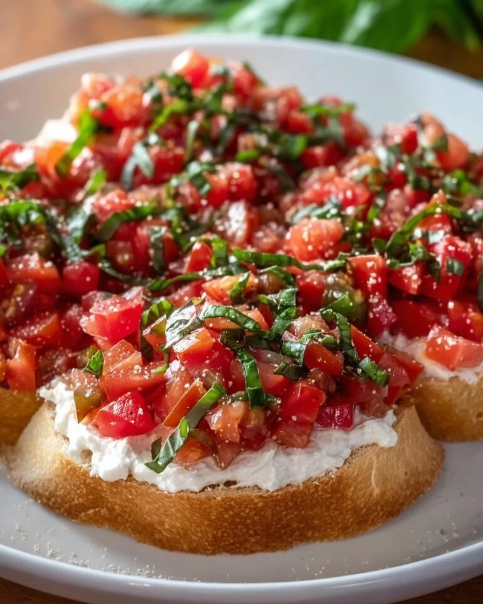 Bruschetta Dip served in a bowl with fresh toppings and herbs