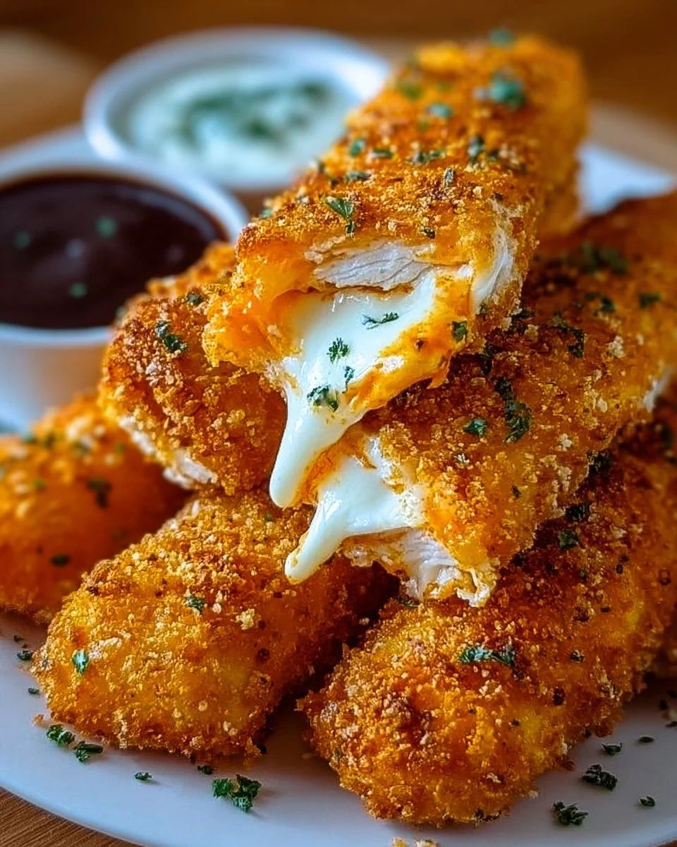 Buffalo Chicken Mozzarella Sticks served with a dipping sauce