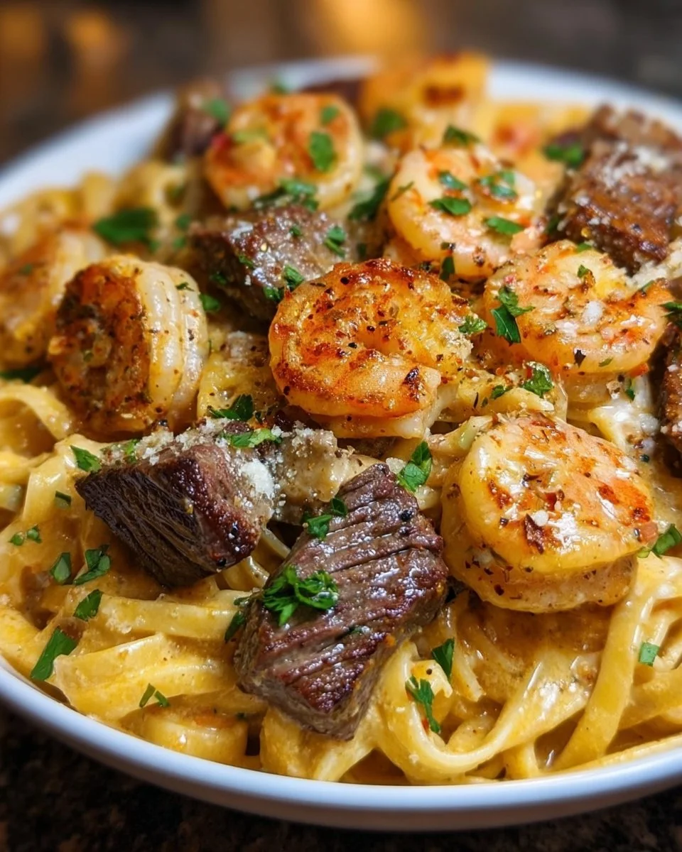Cajun Shrimp and Steak Alfredo Pasta