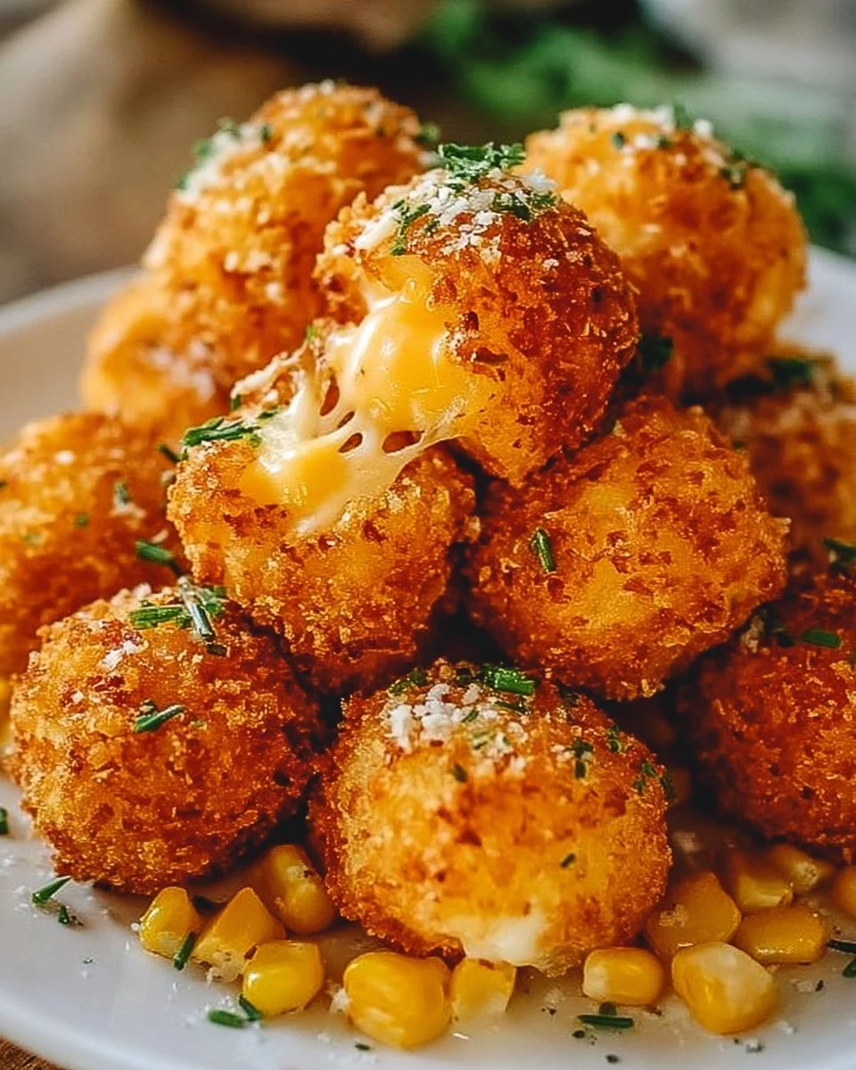Plate of crispy corn cheese bites garnished with herbs