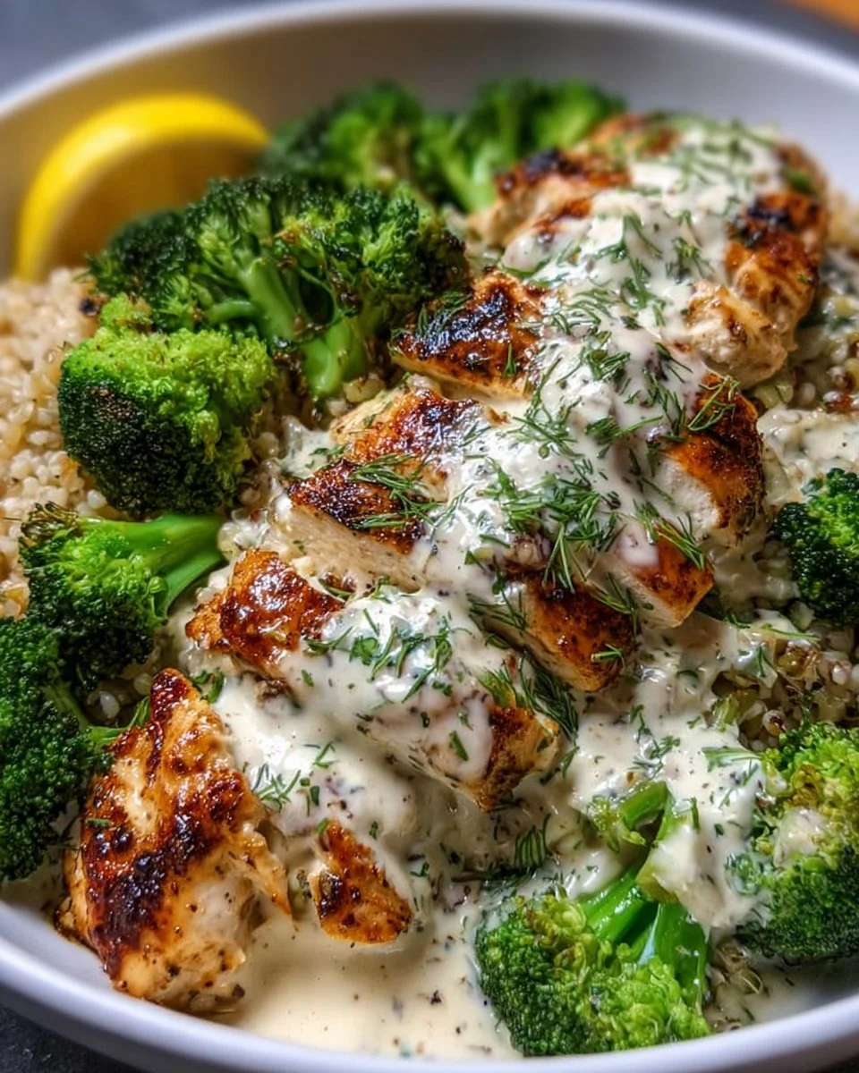 Grilled Chicken and Broccoli Bowls with Creamy Garlic Sauce