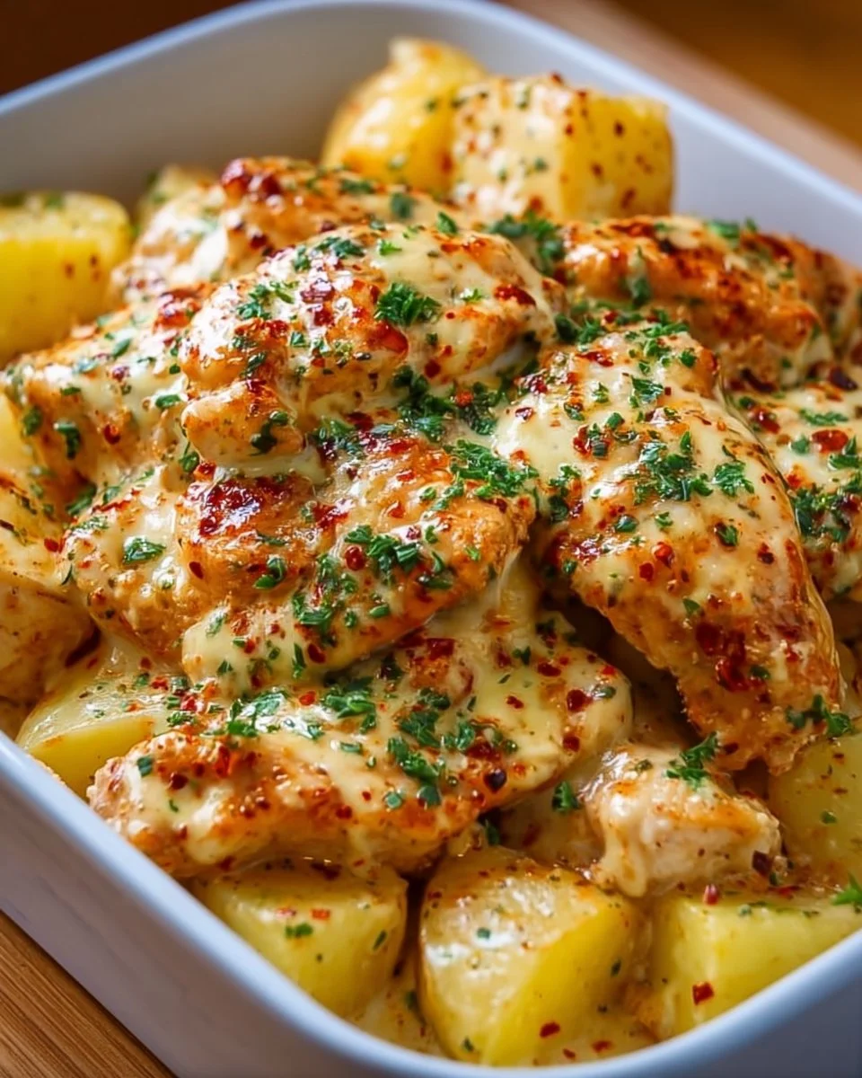 High-Protein Creamy Garlic Cheesy Chicken &amp; Potatoes