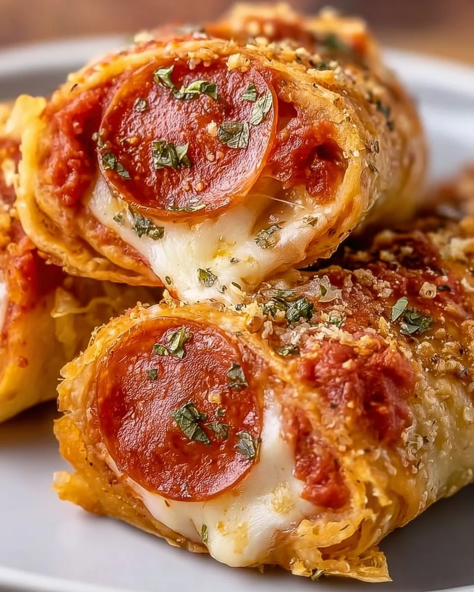 Delicious high protein pepperoni pizza rolls served on a plate.