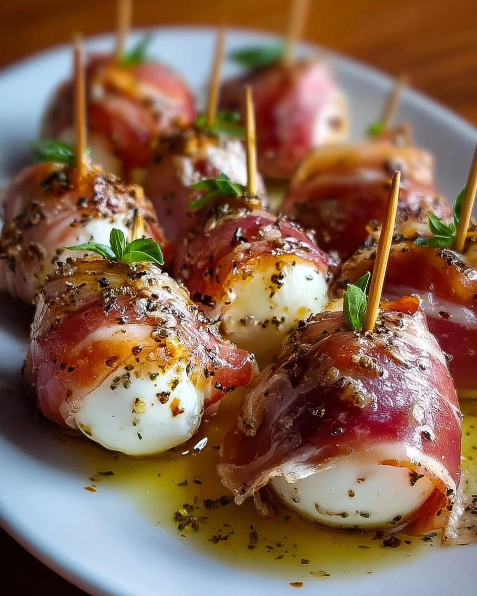 Prosciutto wrapped mozzarella bites served as an appetizer