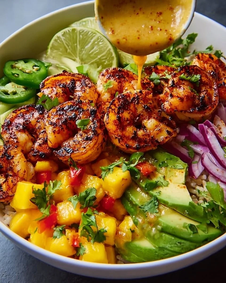 Shrimp and Avocado Bowls with Mango Salsa &amp; Lime-Chili Sauce