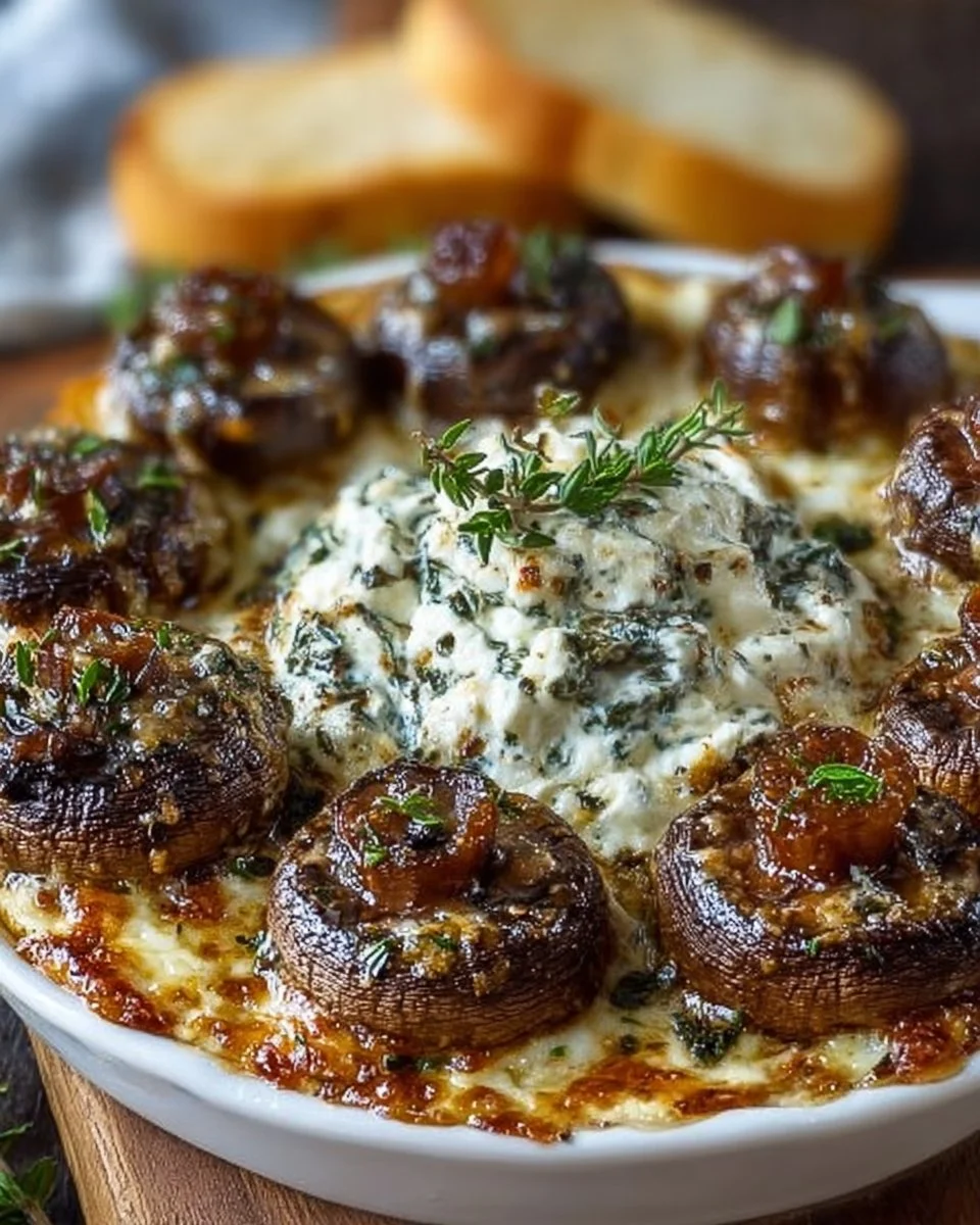 Creamy stuffed mushroom dip served in a bowl with bread for dipping