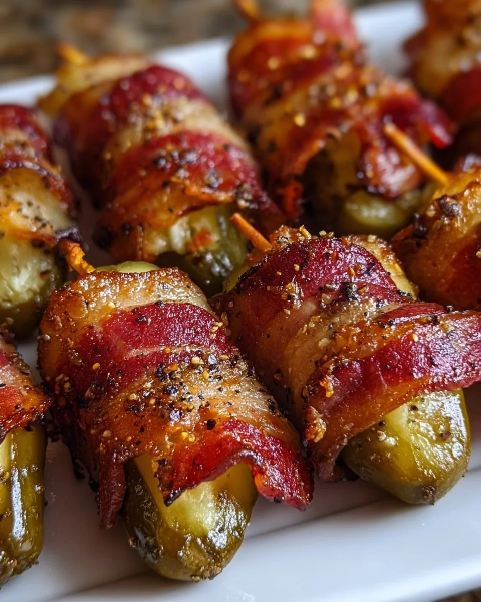 Delicious bacon-wrapped pickles served on a plate as a savory appetizer.