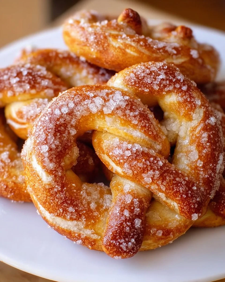 Freshly baked cinnamon sugar soft pretzels stacked on a plate