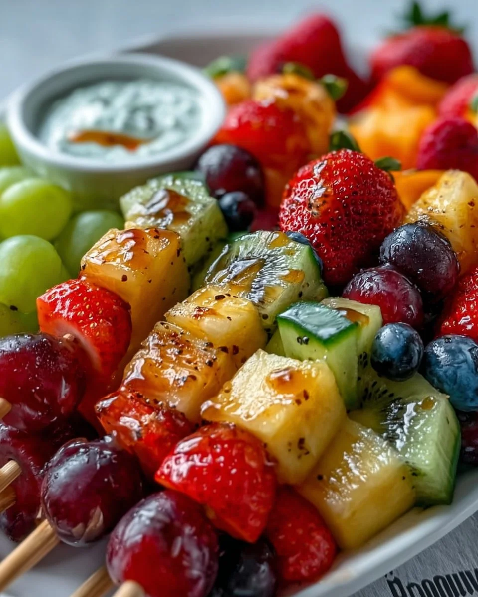 Colorful fruit skewers with various fruits on sticks arranged beautifully.