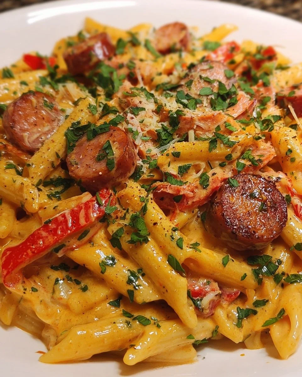 Creamy Cajun Sausage Pasta served in a bowl with fresh parsley garnish