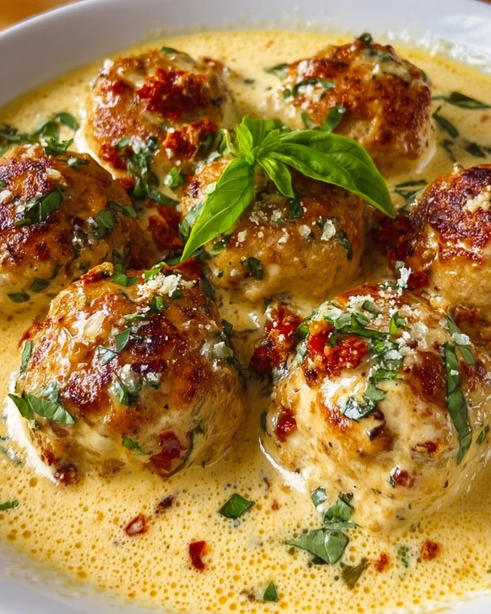 Creamy Marry Me Chicken Meatballs served on a plate with fresh herbs.
