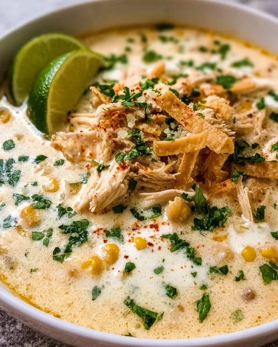 Bowl of creamy white chicken enchilada soup topped with cilantro and cheese