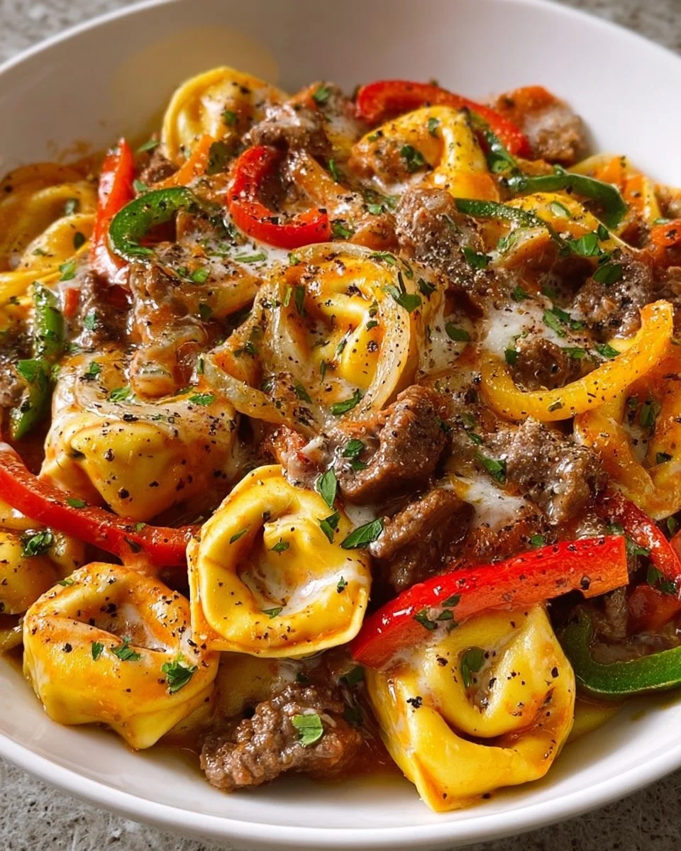 Crock Pot Cheesesteak Tortellini served in a bowl with toppings