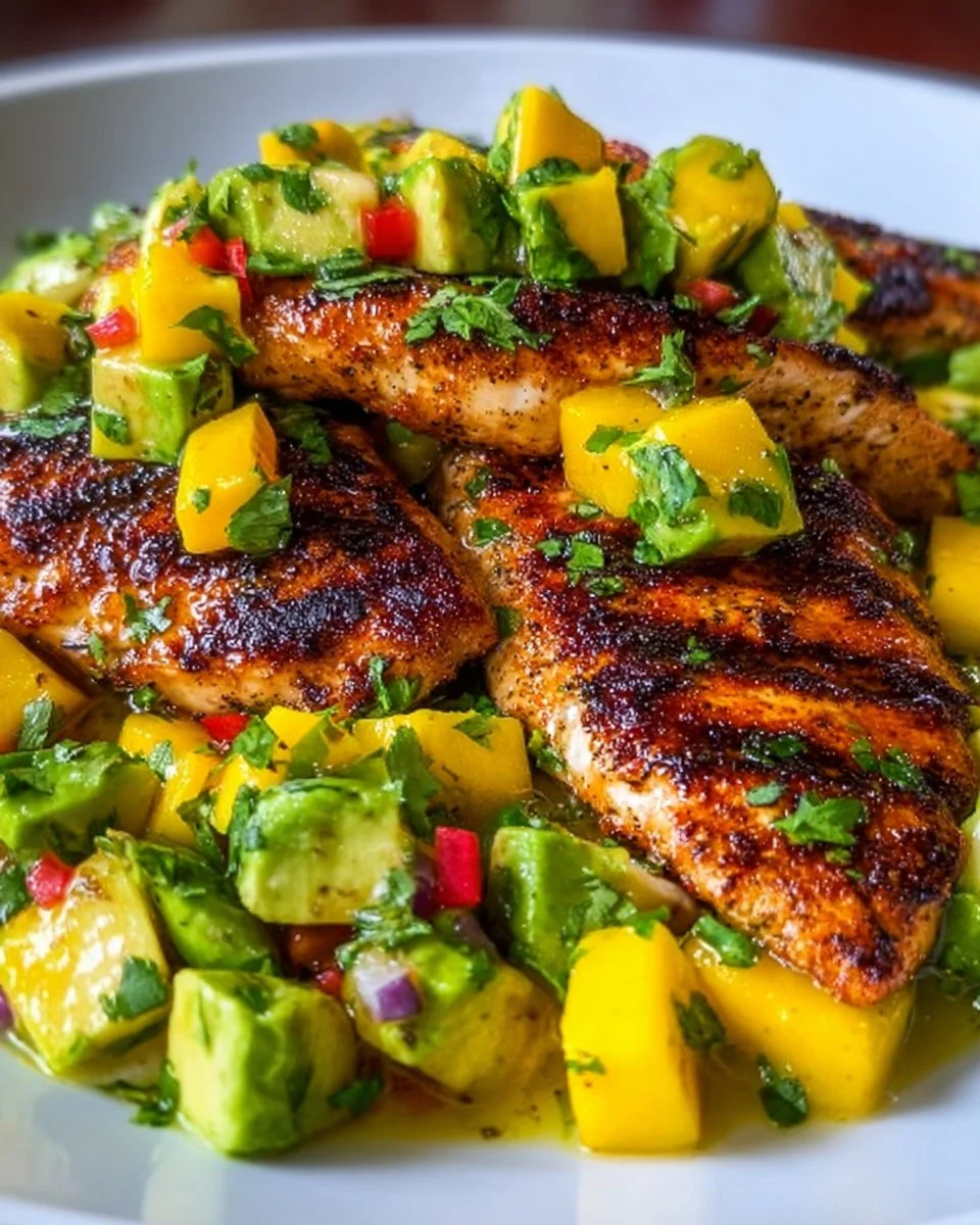 Grilled chicken topped with fresh mango and avocado salad