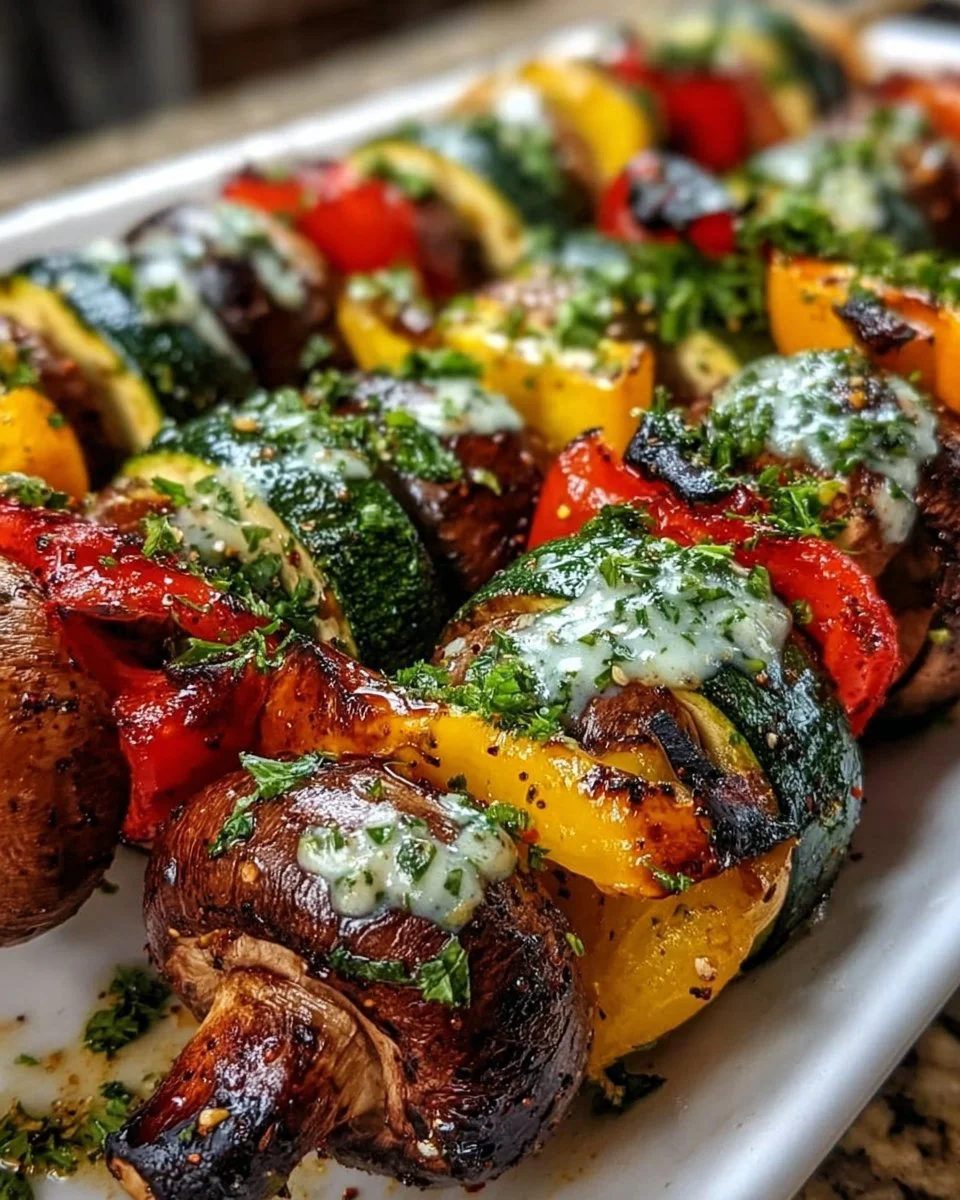 Colorful grilled veggie skewers with bell peppers, zucchini, and mushrooms