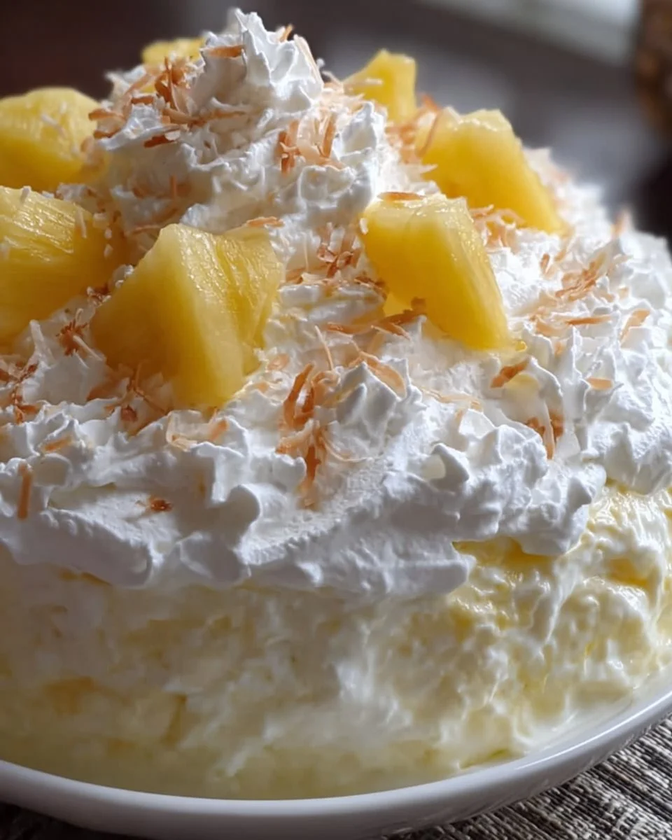 Delicious Hawaiian Pineapple Coconut Fluff dessert in a bowl