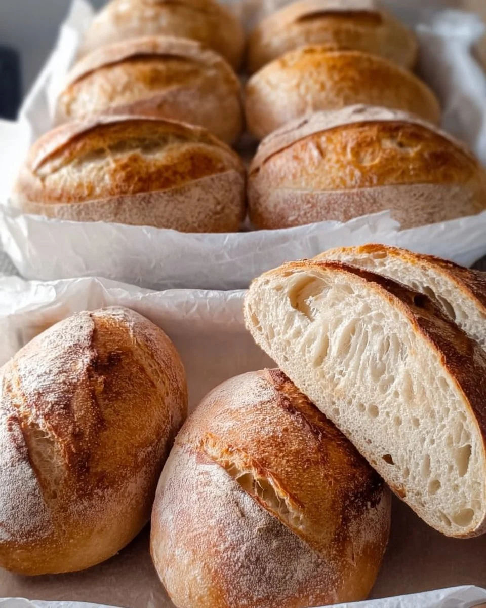 Freshly baked homemade mini sourdough loaves on a wooden board