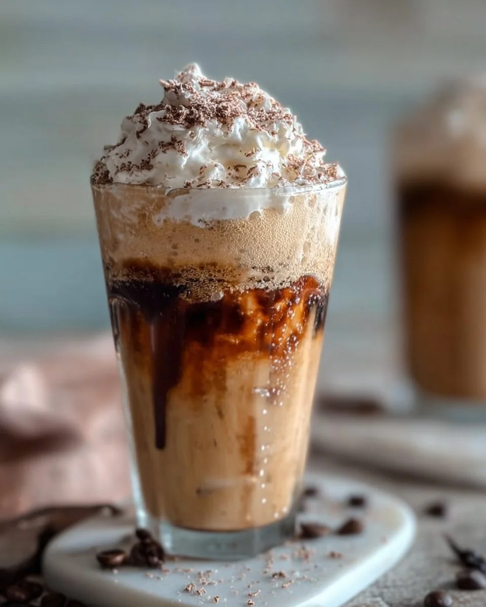 Iced Vanilla Bean Frappuccino in a glass with whipped cream and vanilla bean sprinkles