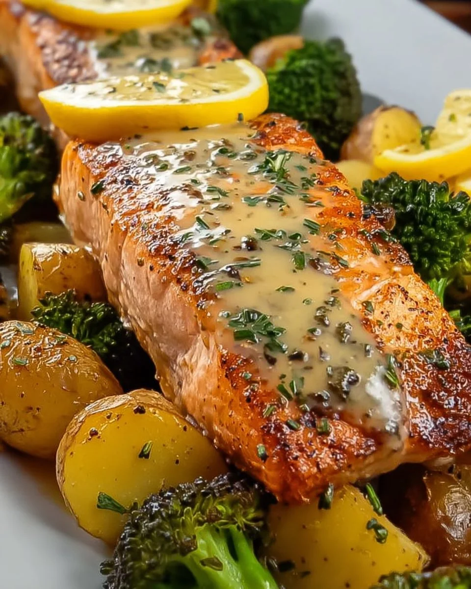 Lemon Butter Salmon with Crispy Potatoes and Broccoli