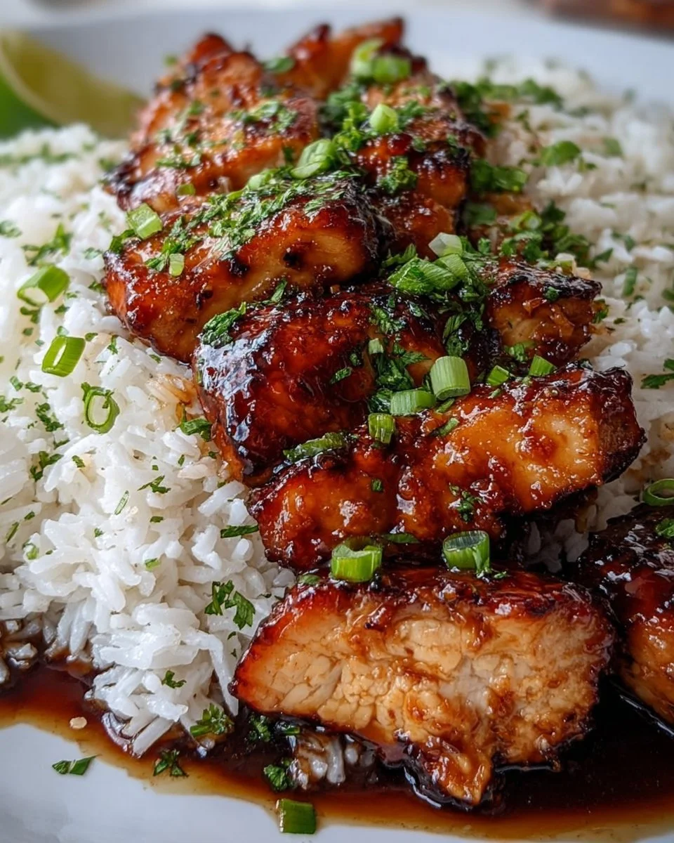 Maple Chicken Coconut Rice served in a bowl with herbs and spices