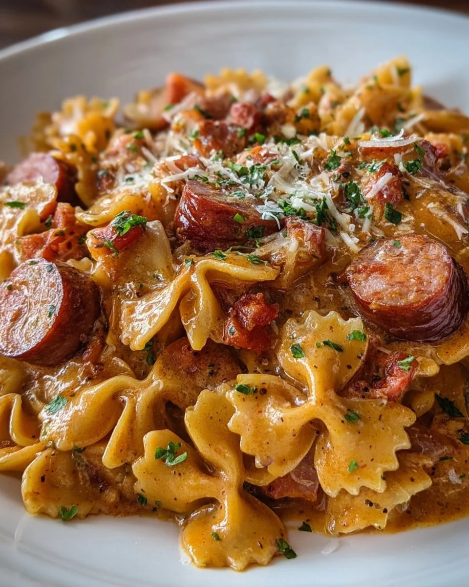Delicious one pot smoked sausage pasta dish with vibrant vegetables