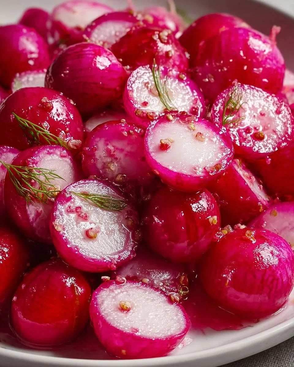 Vibrant pickled radishes in a jar, ready for serving and adding flavor to dishes.