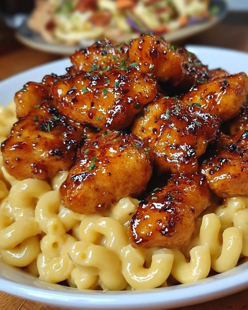 Sweet and Spicy Honey Pepper Chicken with Macaroni and Cheese