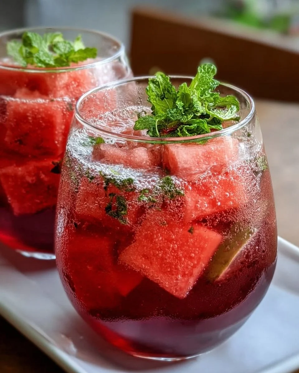 Refreshing Watermelon Mint Spritz cocktail with mint leaves and watermelon slices