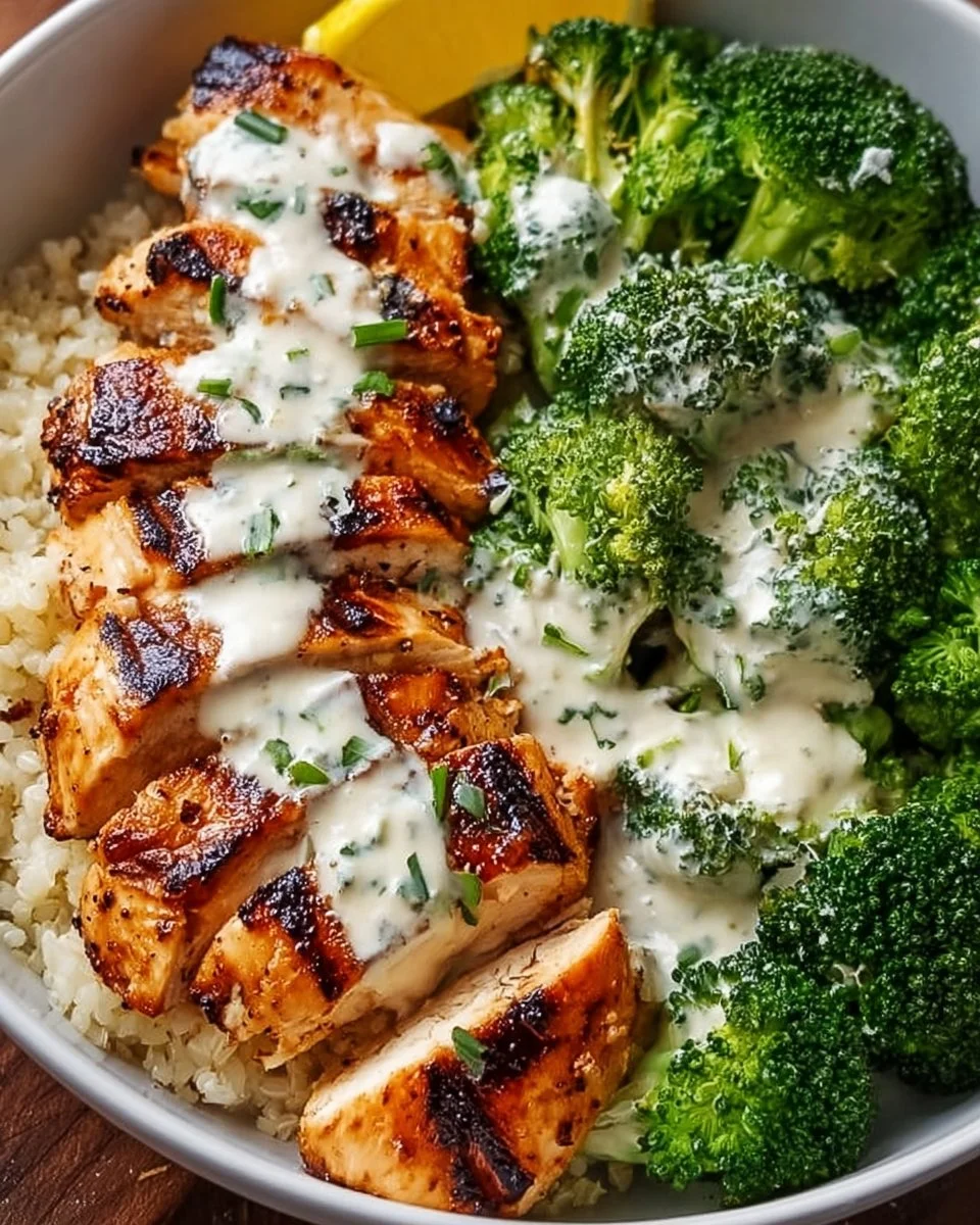 Grilled Chicken &amp; Broccoli Bowls with Creamy Garlic Sauce in 30 Minutes