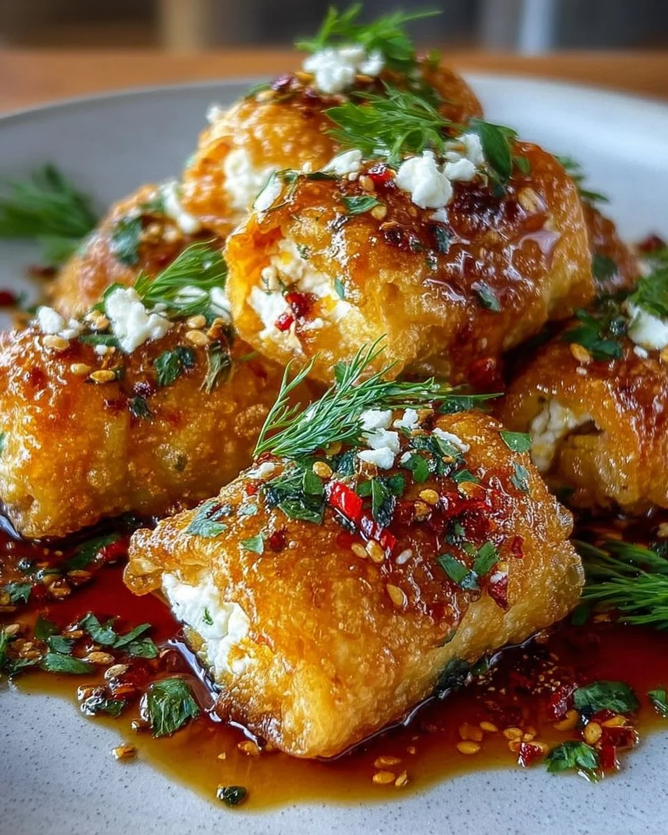 Oven-fried feta rolls with spicy chili honey served on a plate