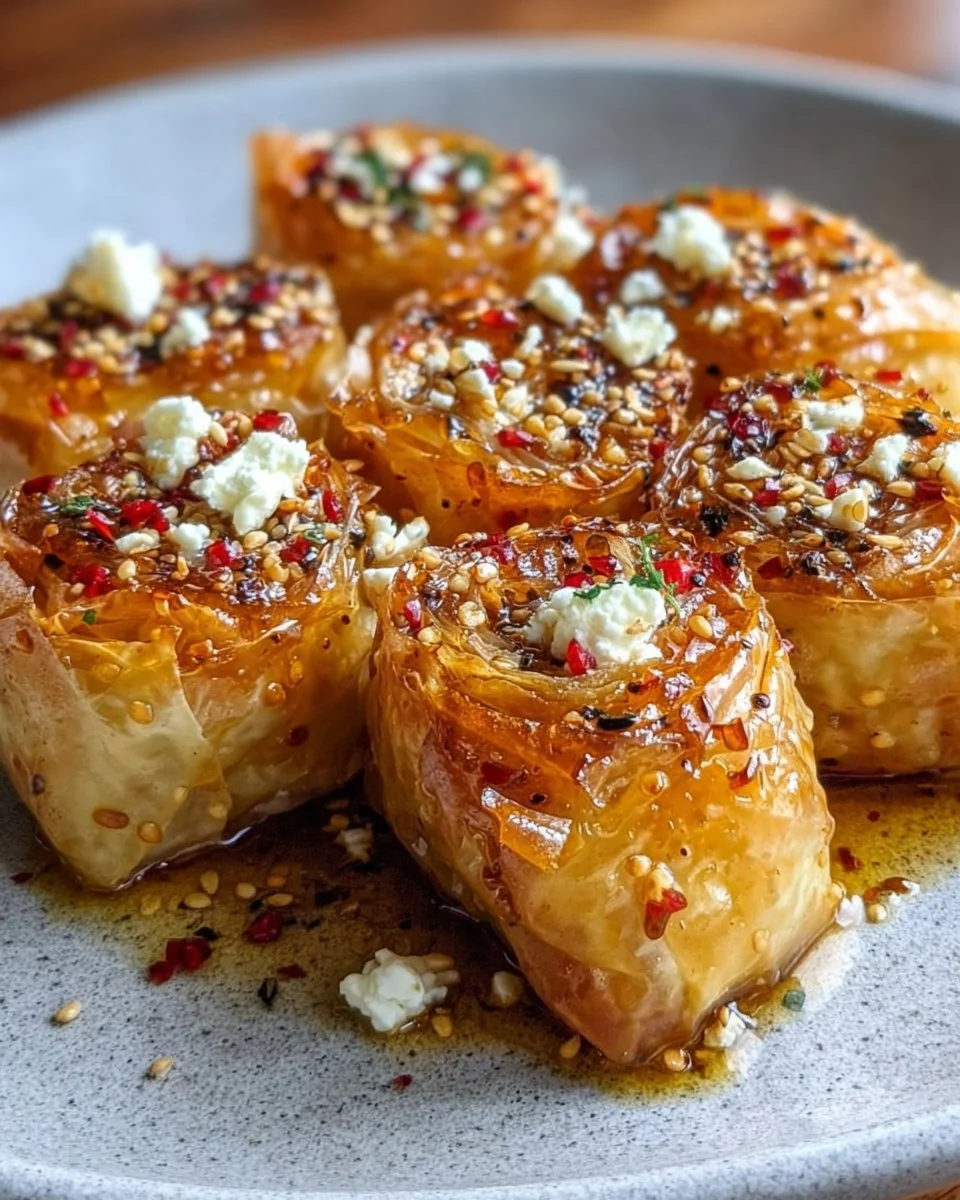 Savory Feta Rolls with Honey Chili Drizzle